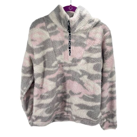 Bebe Womens Camouflage Sweater Mock Neck Long Sleeve Fleece Pink Gray Medium - Picture 1 of 8